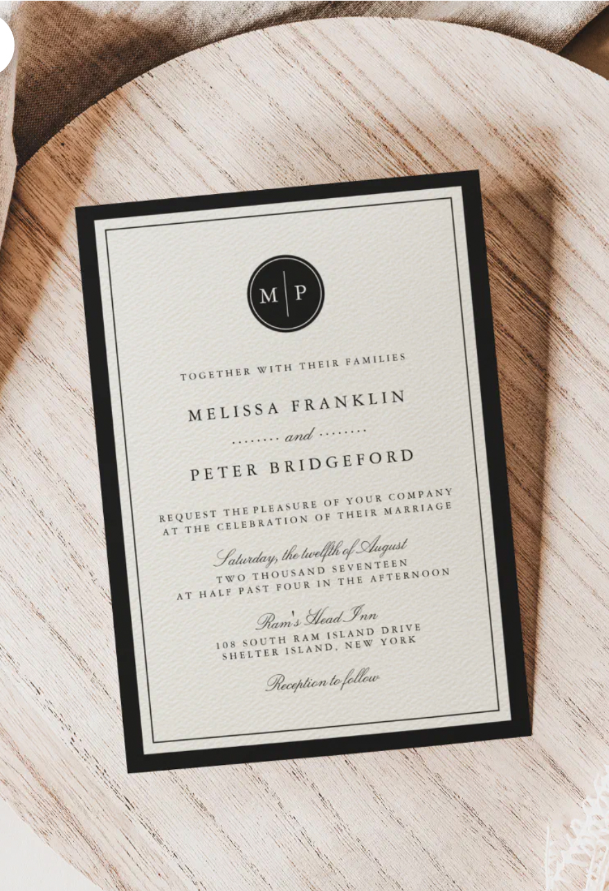 Simple Black Monogram Wedding Invitation.