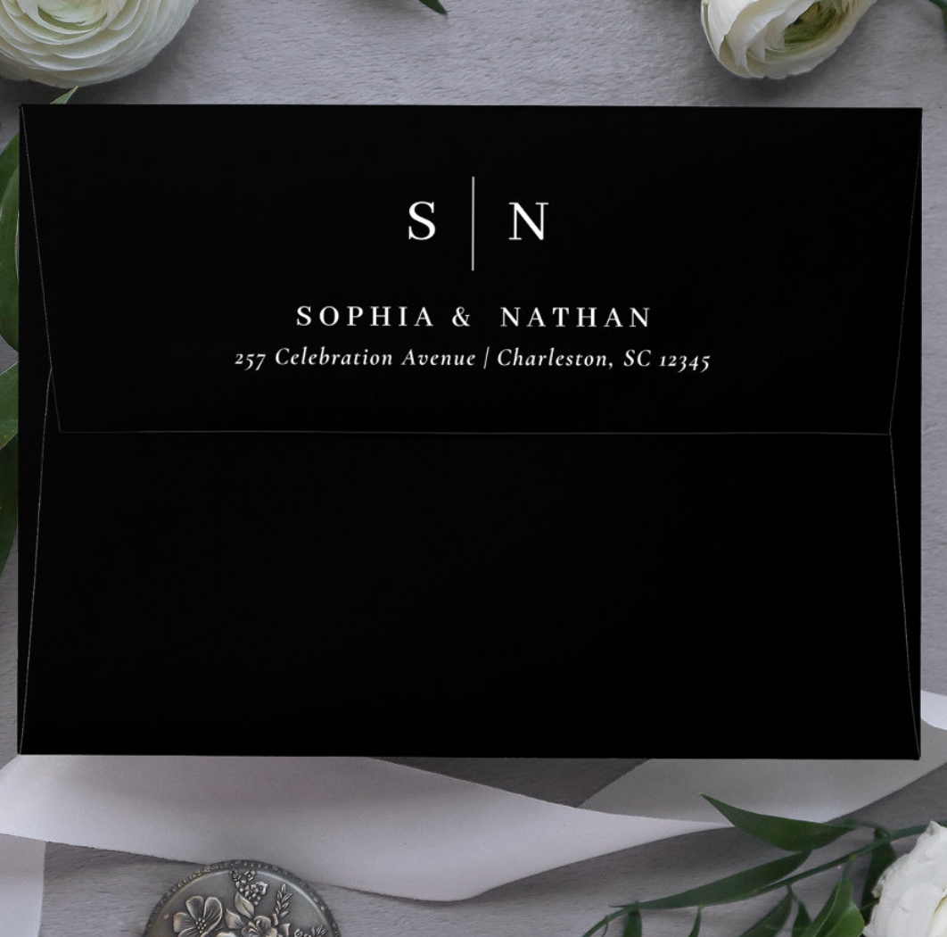 Classic Black Wedding Envelope with Bride and Groom Name.