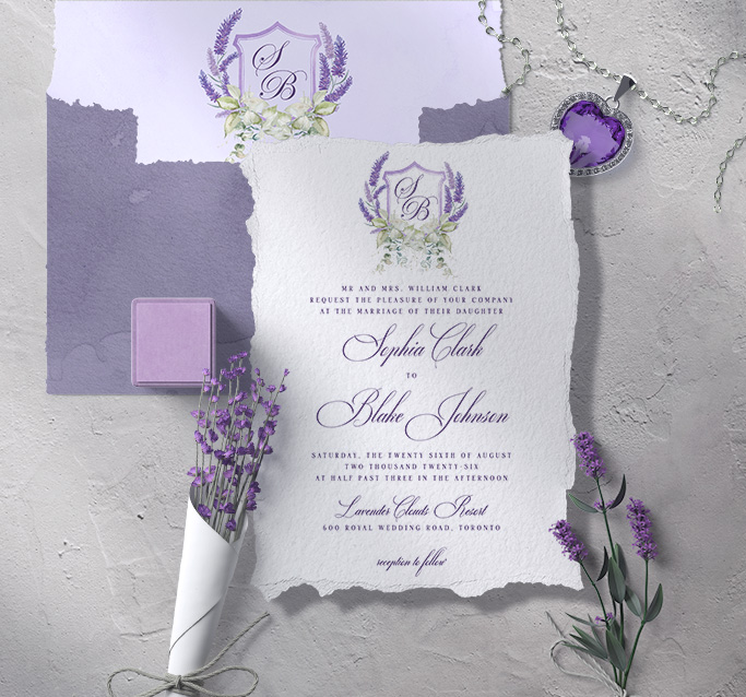 Deckle-Edge Lavender Monogram Wedding Invitation.