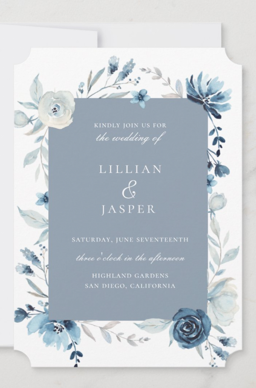 Dusty Blue Floral Border Wedding Invitation.