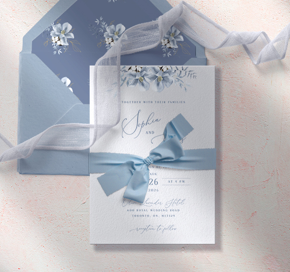 Dusty Blue Wedding Ribbon wrapped around Wedding Invitation Card.