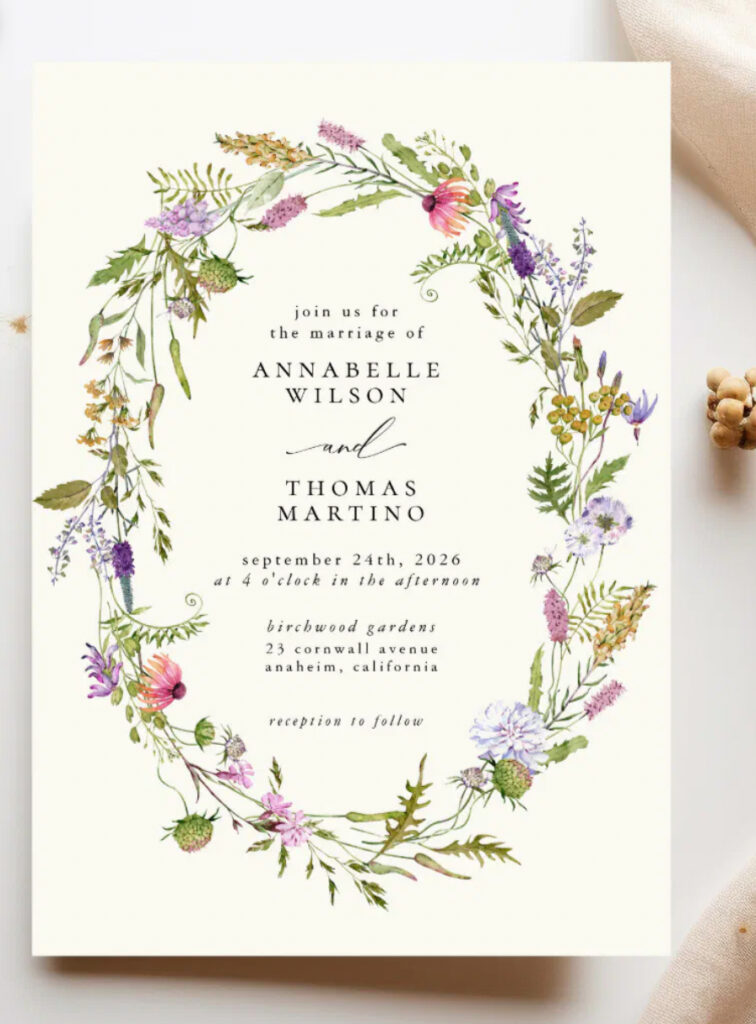 Wildflower Floral Wreath Wedding Invitation