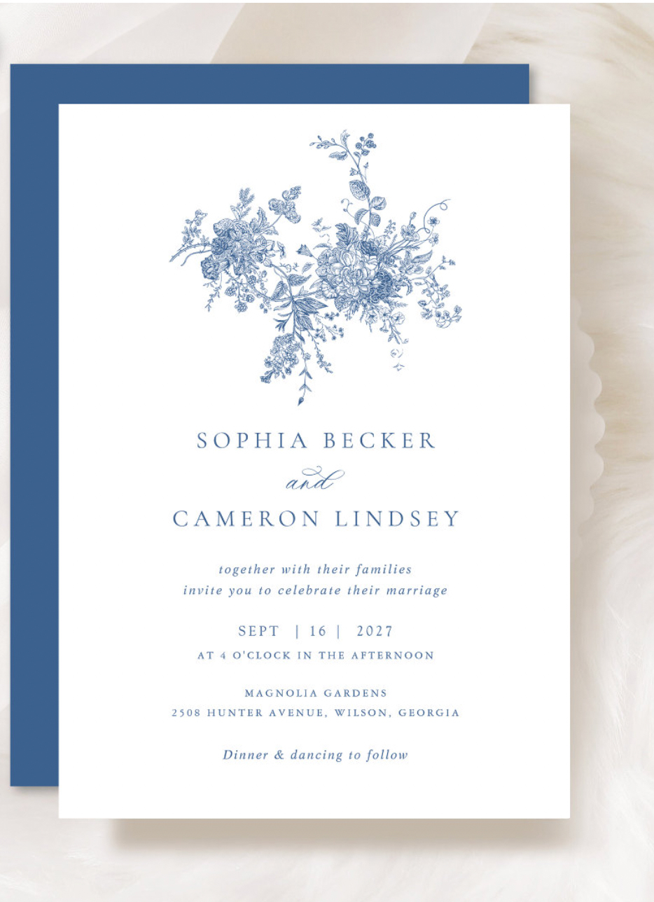 Vintage Navy Blue Floral Wedding Invitation.