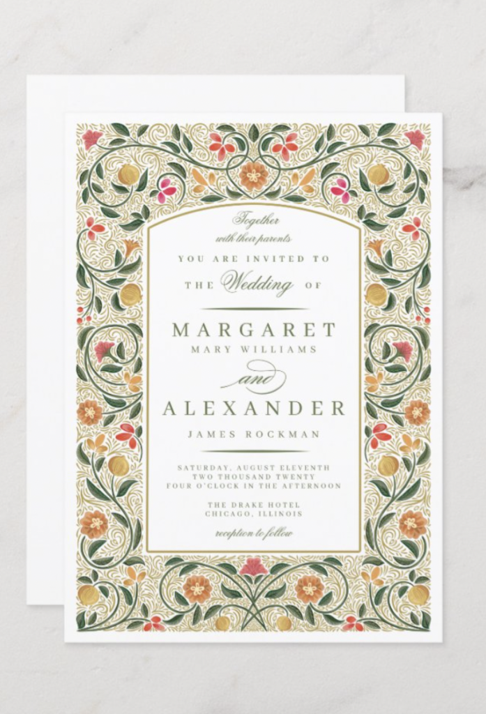 Old English Floral Border Wedding Invitation.