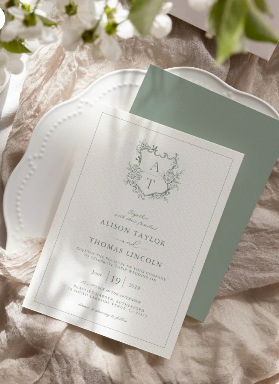 Formal Crest Sage Green Wedding Invitation.