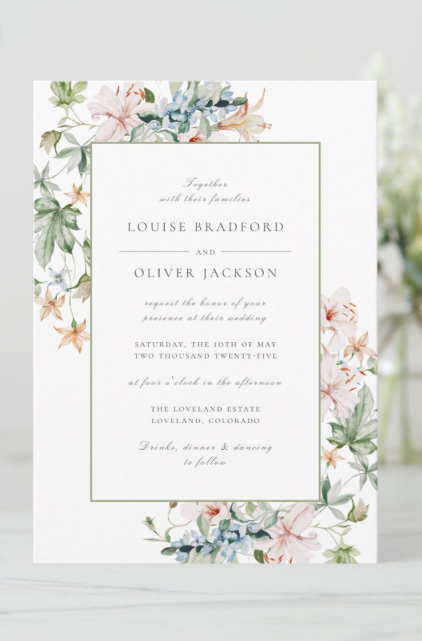 Watercolor Floral Wedding Invitation.