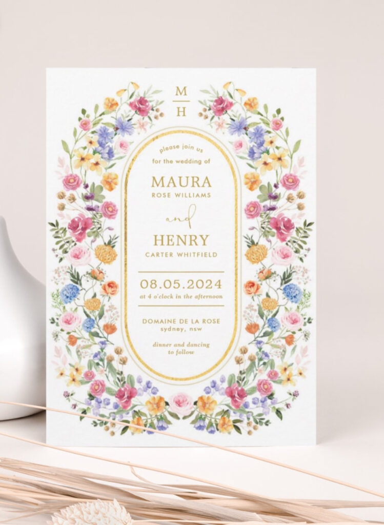 Floral border wedding invitation.