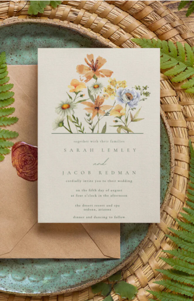 Wildflowers botanical wedding invitation.