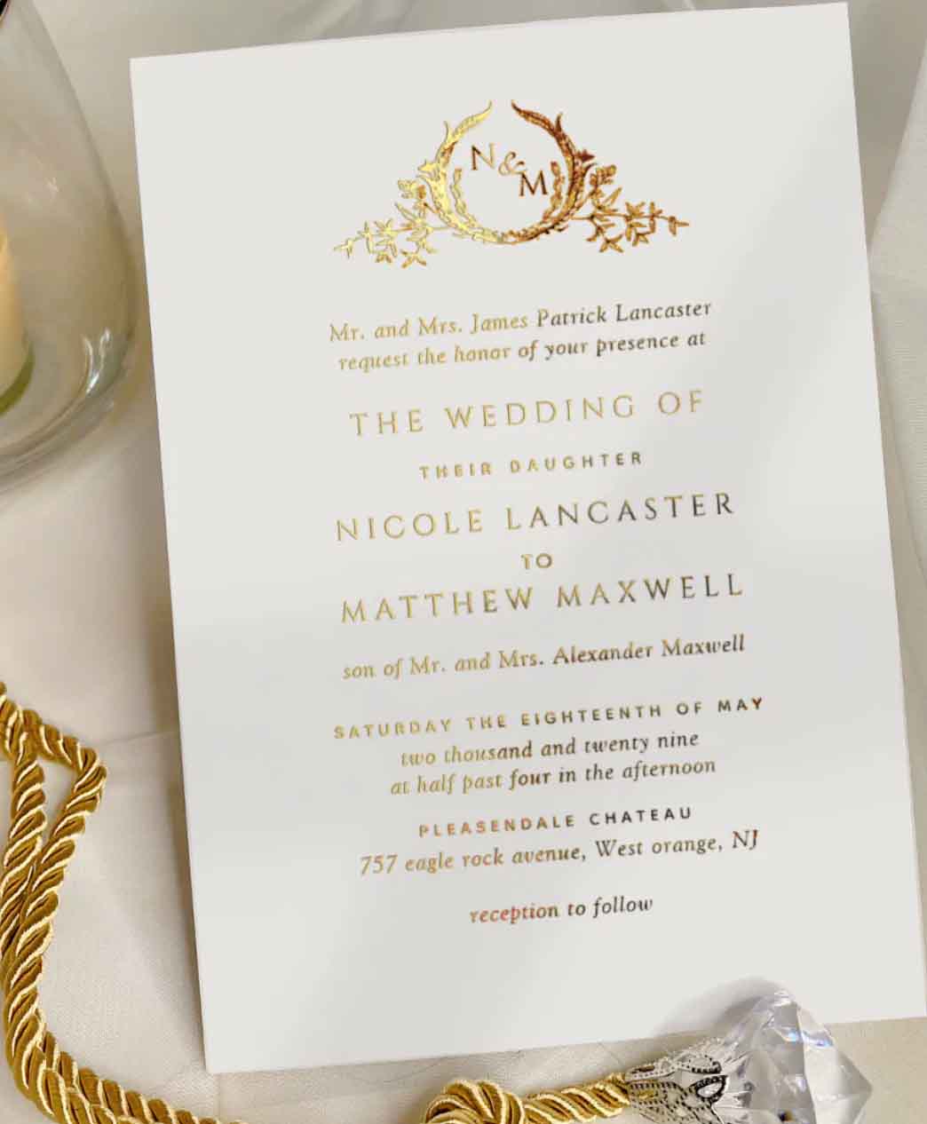 Gold Foil Monogram Wedding Invitation.