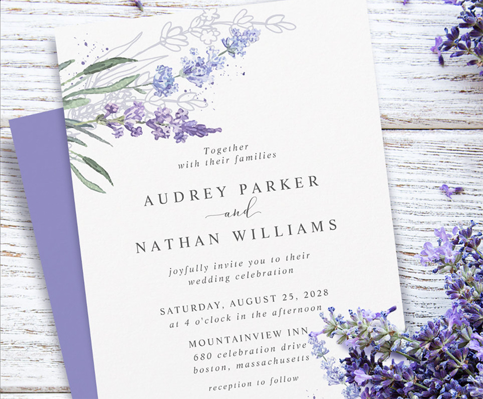 Watercolor Lavender Wedding Invitation.