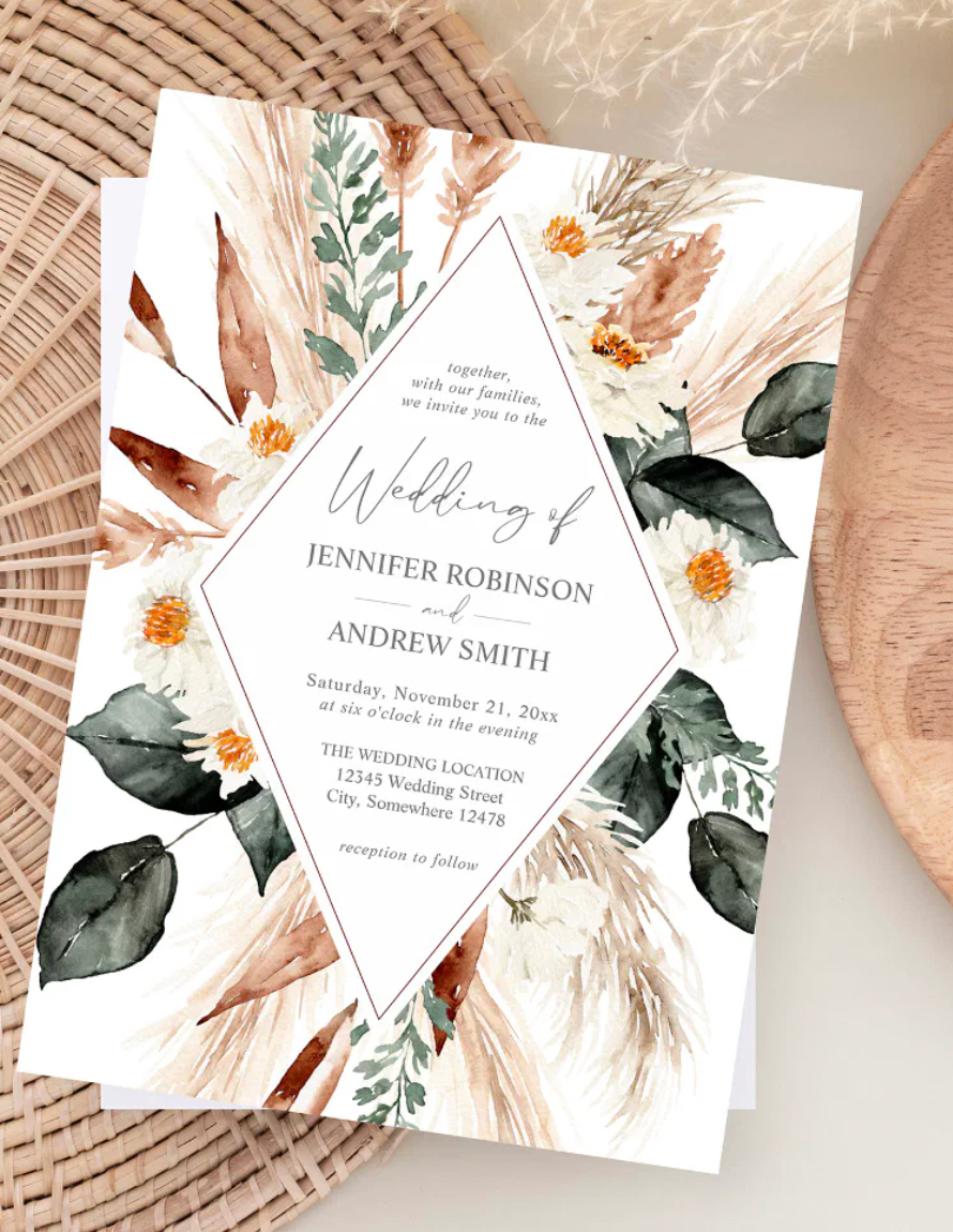 Boho Copper Pampas Grass Floral Wedding Invitation.