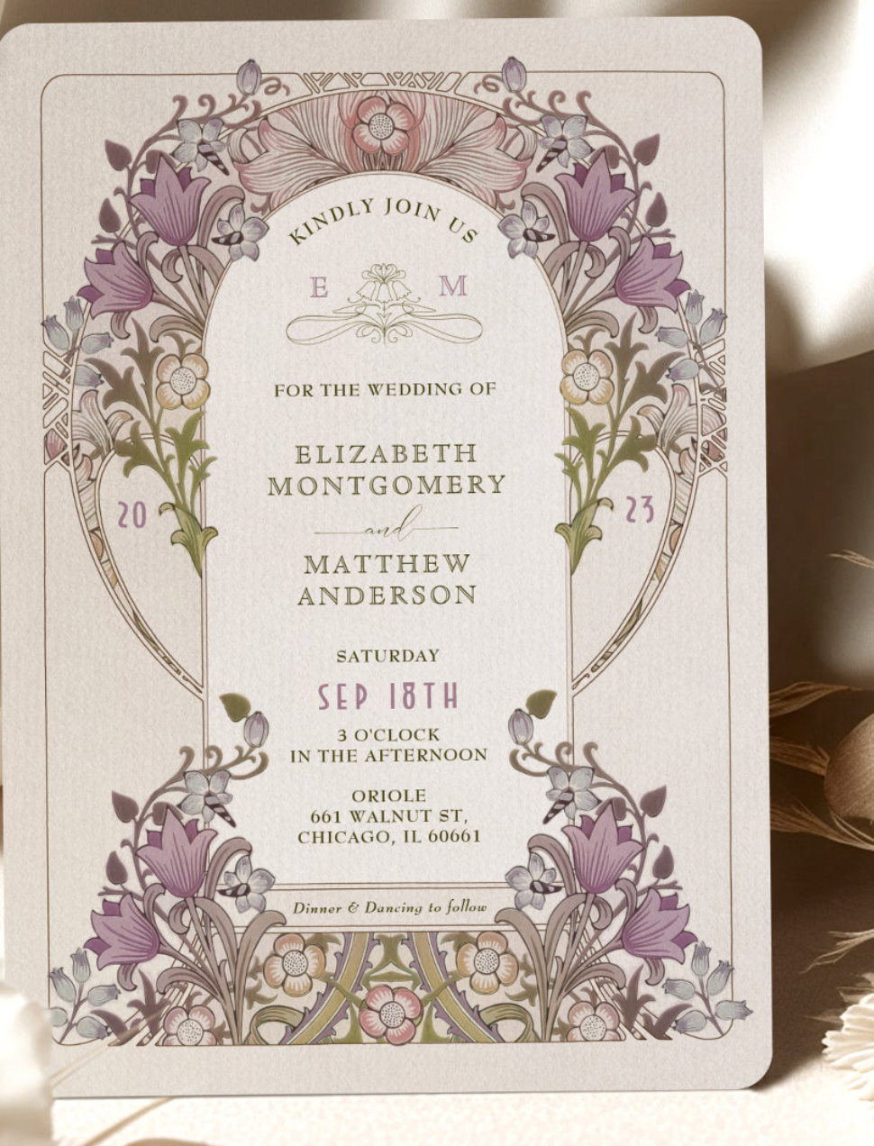 Vintage Lavender Wedding Invitation.