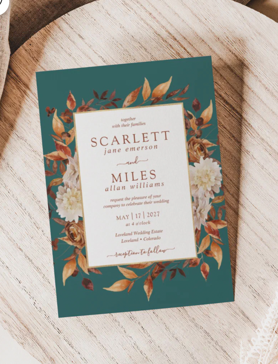 Teal Terracotta Border Wedding Invitation.