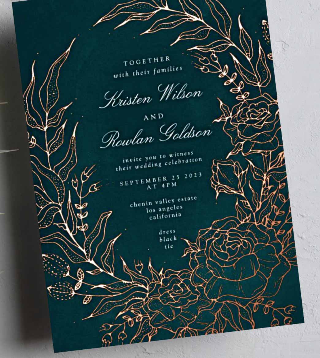 Rose Gold Foil Floral Dark Green Wedding Invitation.