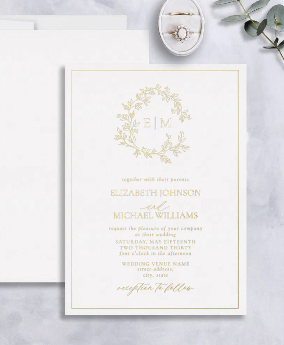 Gold Foil Leafy Monogram Wedding Invitation.