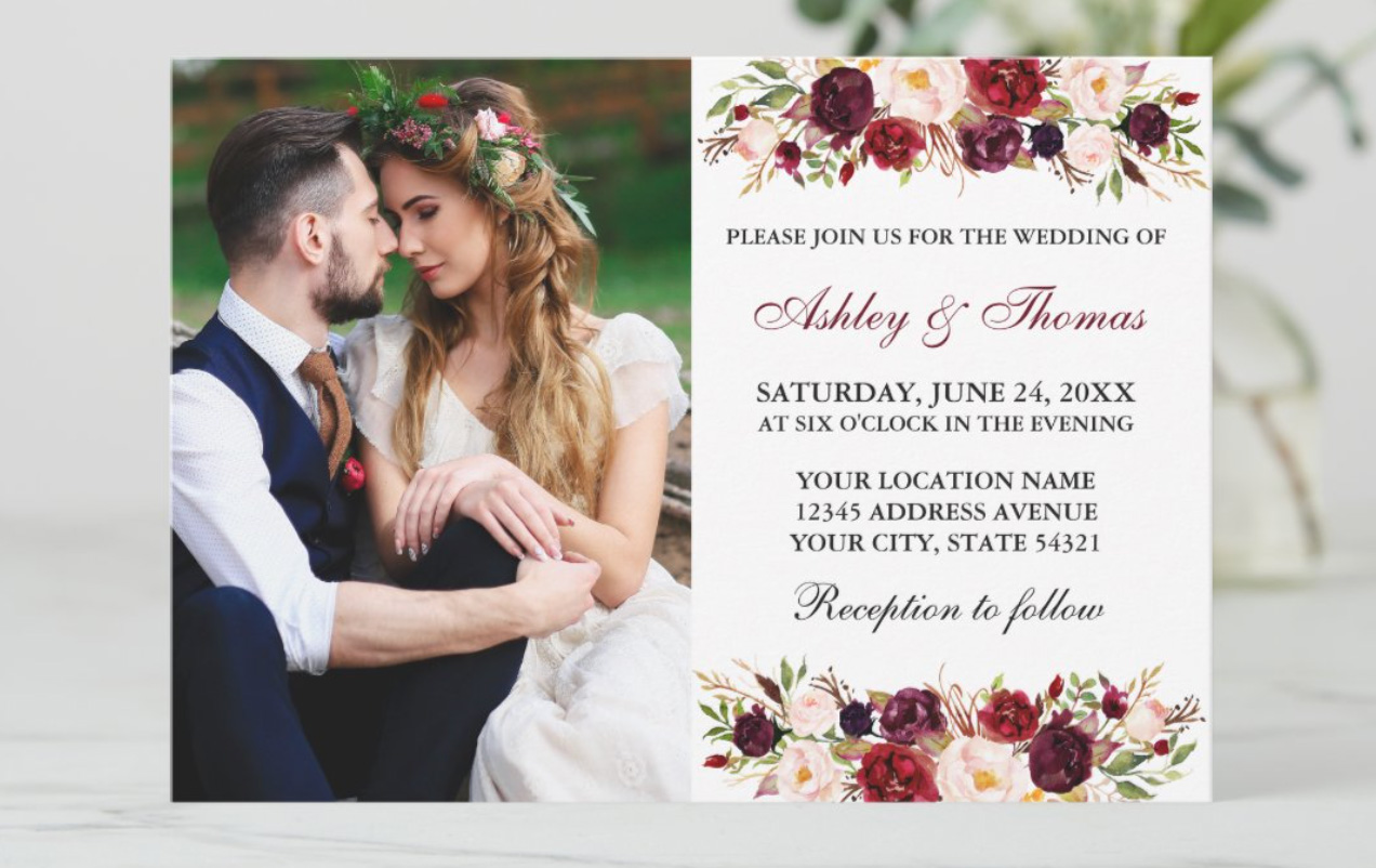 Watercolor Burgundy Photo Wedding Invitation.