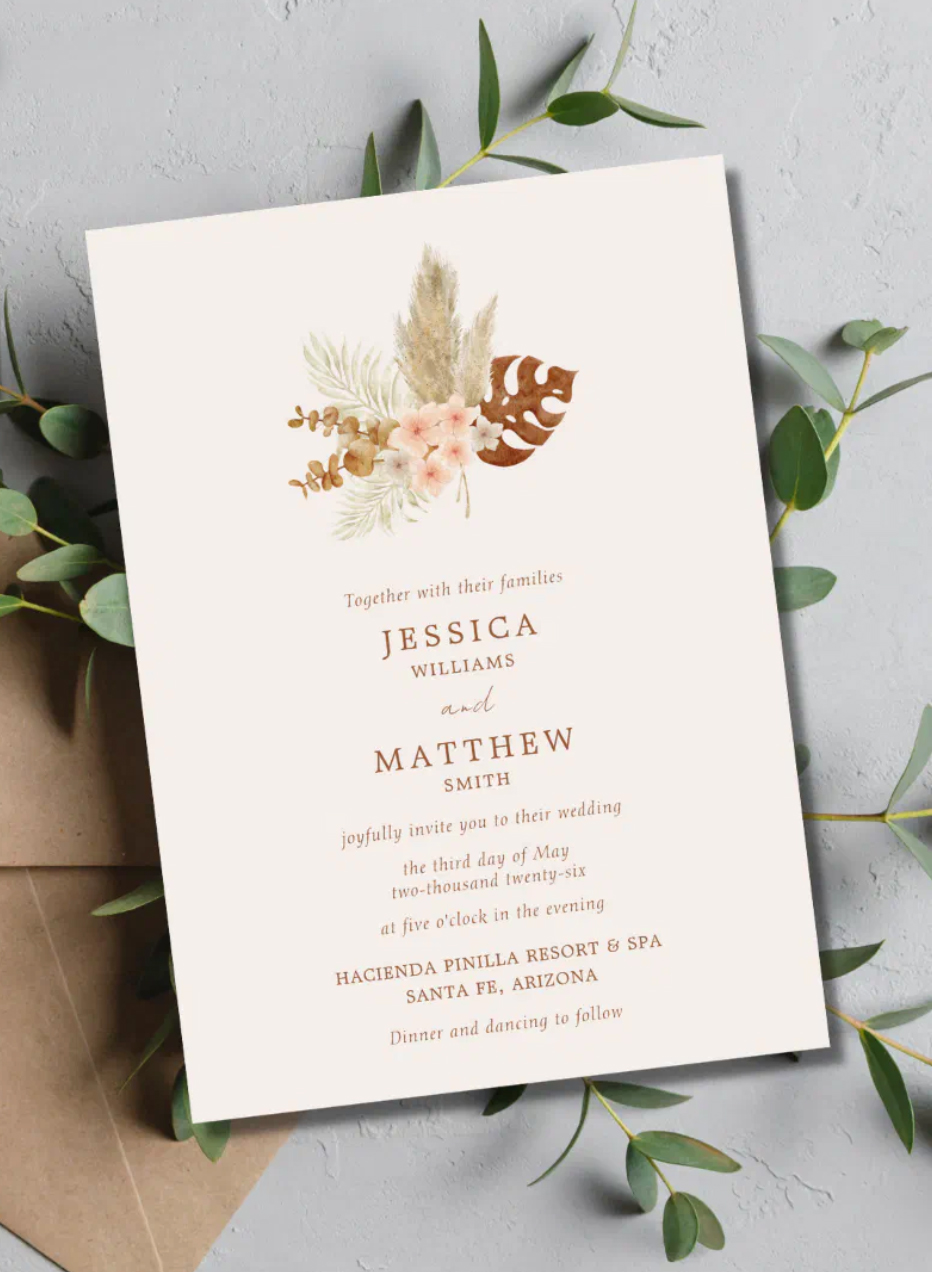 Boho Fall Rustic Floral Wedding Invitation.