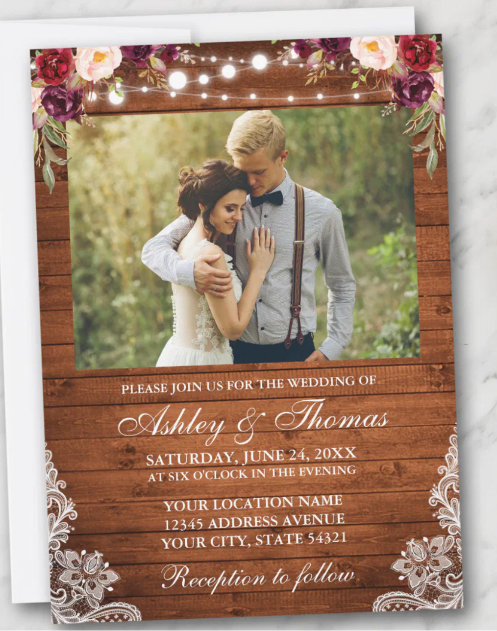 Rustic Floral Photo Wedding Invitation.