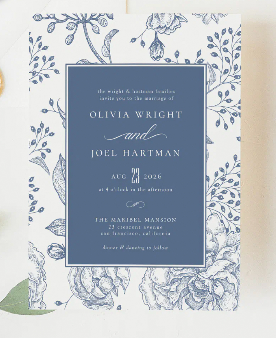 Floral Illustration Border Wedding Invitation.