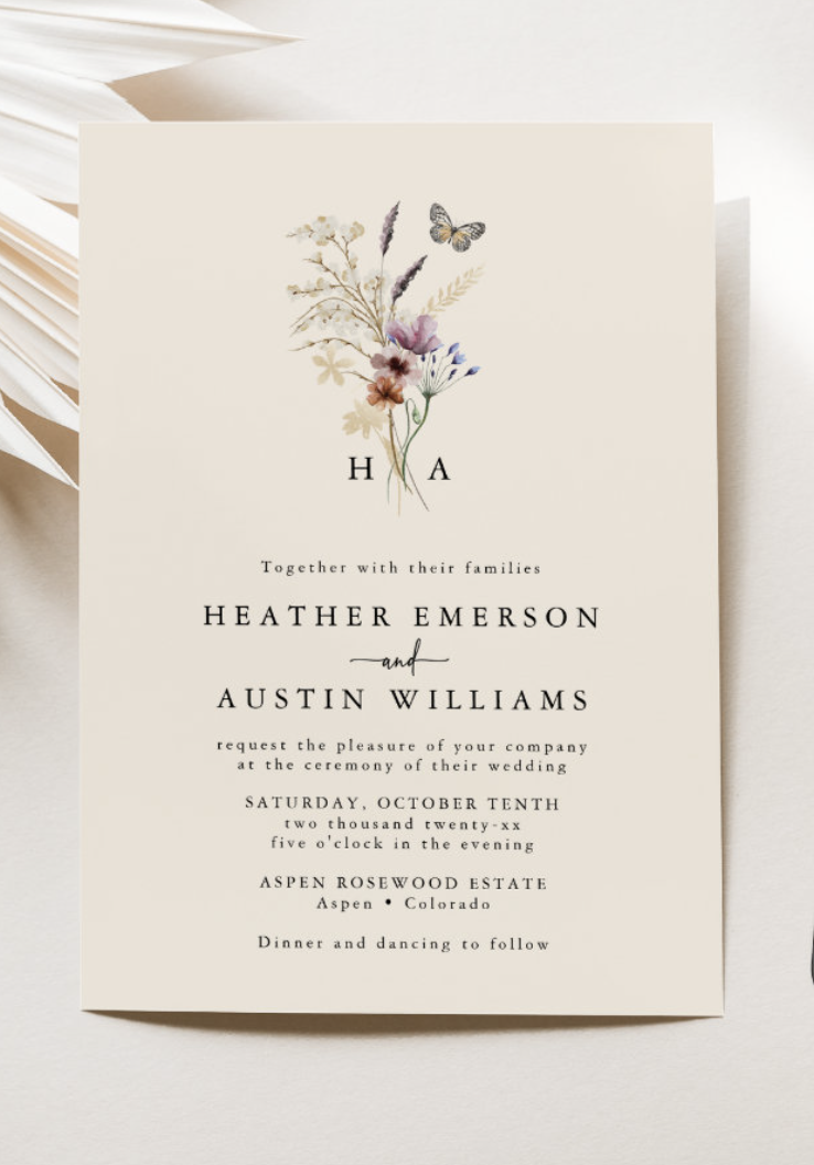 Monogram Boho Floral Wedding Invitation.