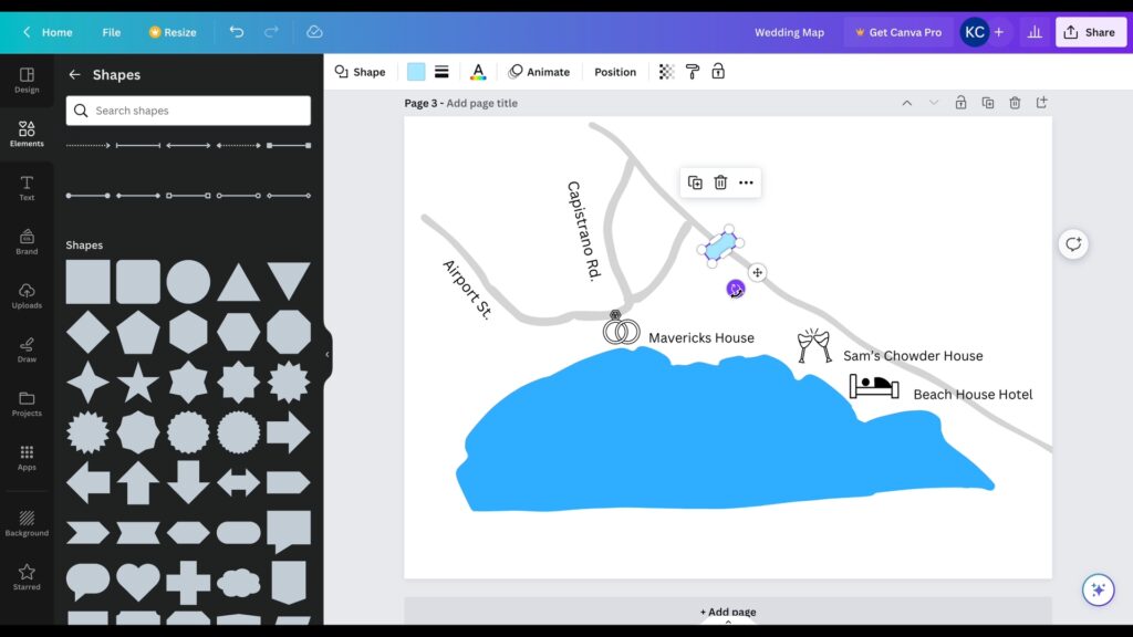 Screenshot showing pill shape being added to the route to indicate highway numbers on wedding map in Canva.