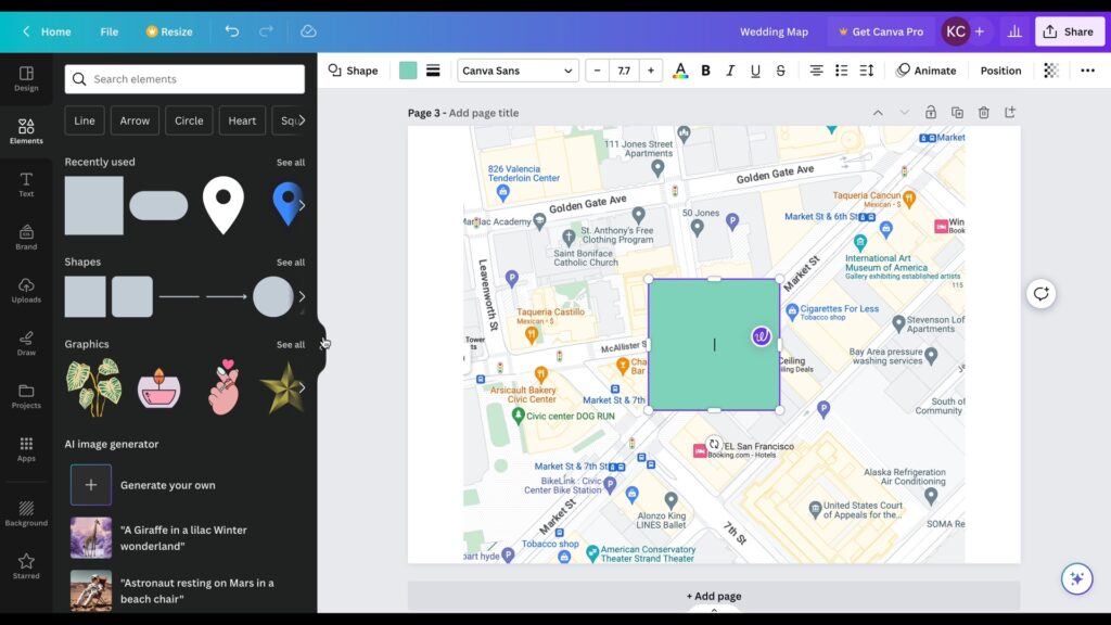 Screenshot showing rectangle shape being added for creating a wedding map in Canva.