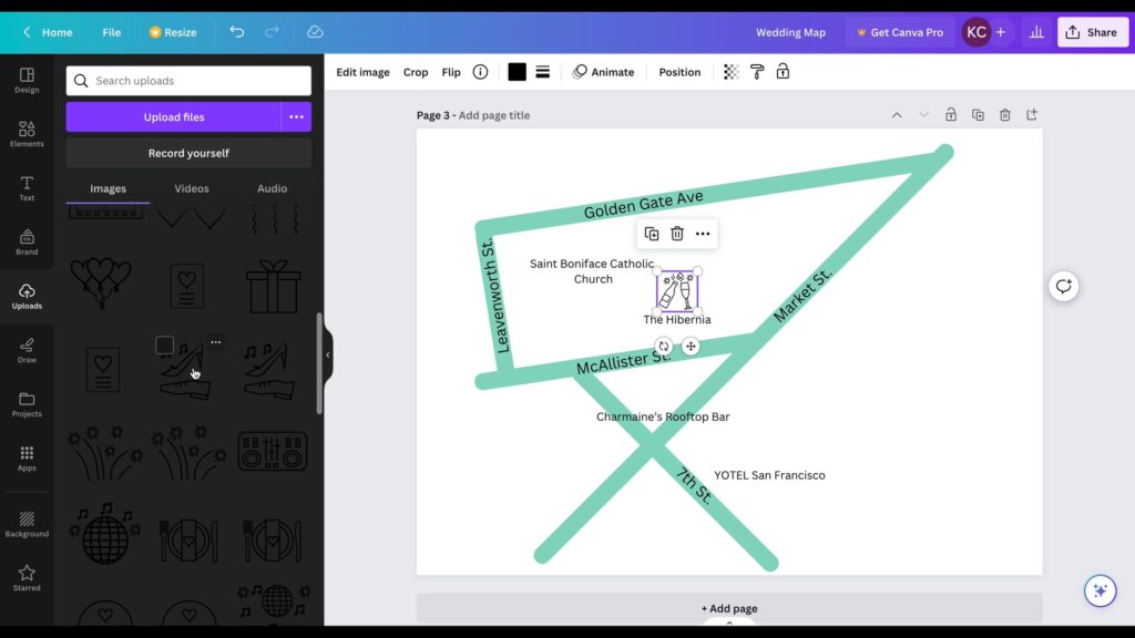 Screenshot showing wedding icons being added to indicate the event on a wedding map in Canva.