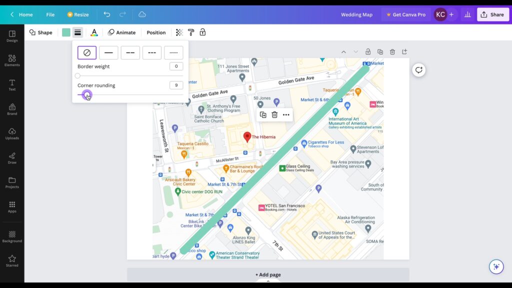 Screenshot showing rectangle shape adjusted for width and height to trace a route of google map in canva.