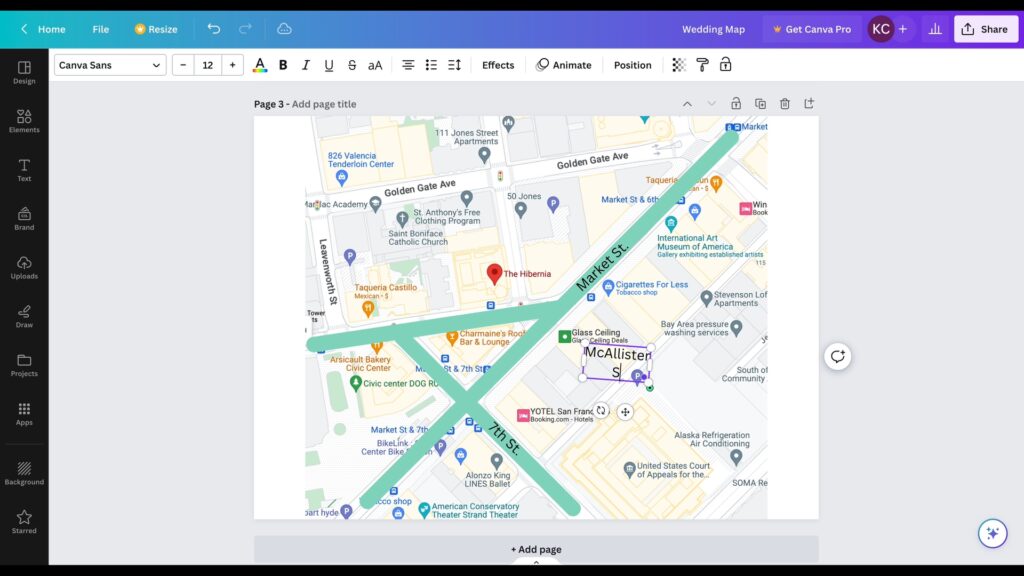 Screenshot showing different routes being added for creating a wedding map in Canva.