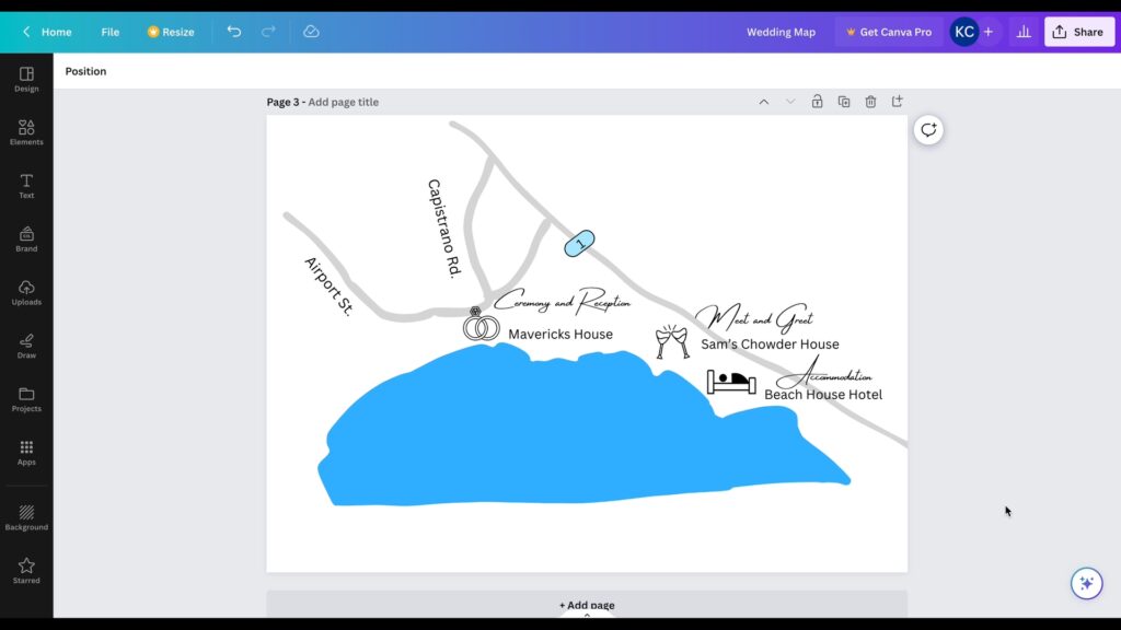 Screenshot showing final created wedding map in canva.