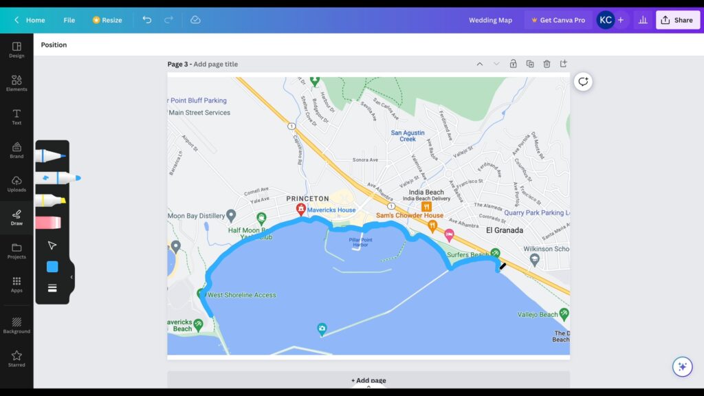 Screenshot depicting Canva marker tool being used to draw the outline of a waterbody through tracing the Google maps.