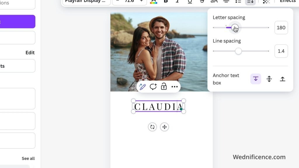 Canva screenshot showing how to add letter spacing.