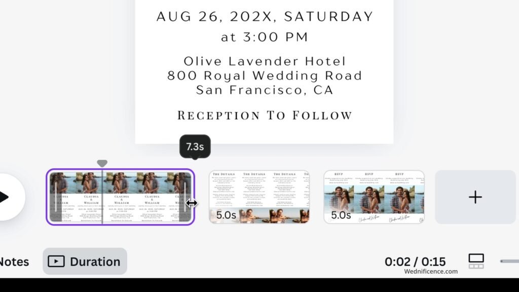 Canva's screenshot showing how to adjust a slide's length of a video wedding invitation.