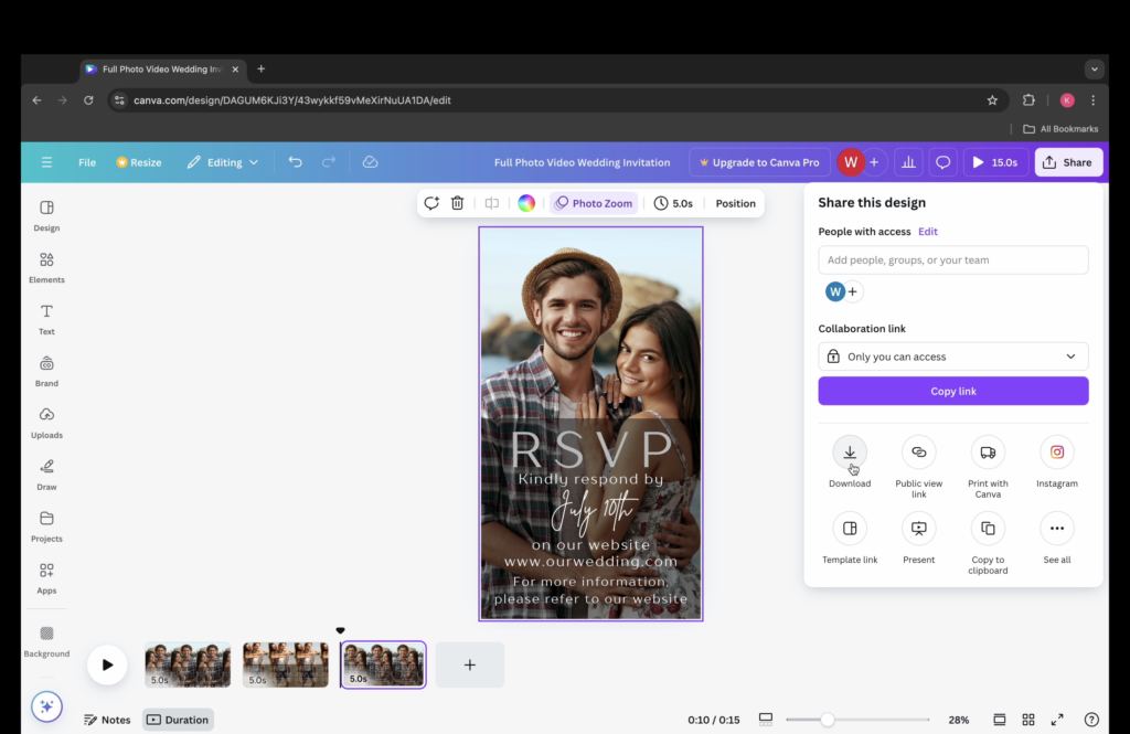 Screenshot showing how to download a digital wedding invitation in Canva.