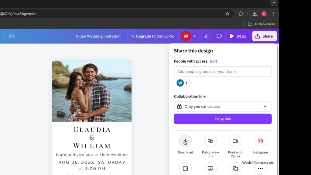 Canva's screenshot showing how to download a video wedding invitation.