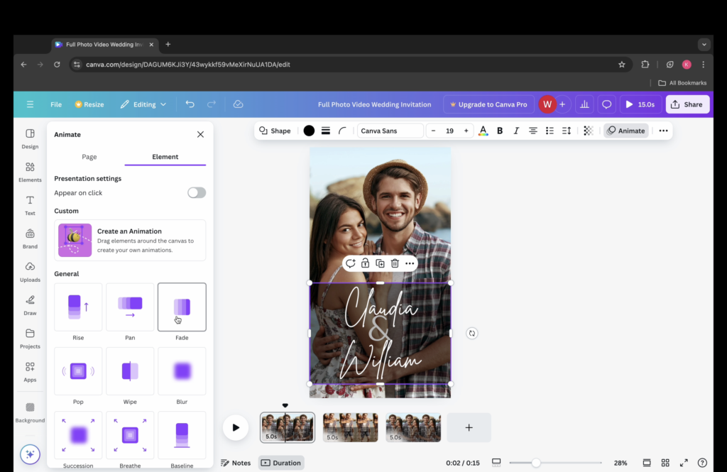 Picture how to animate elements of a digital wedding invitation in Canva.