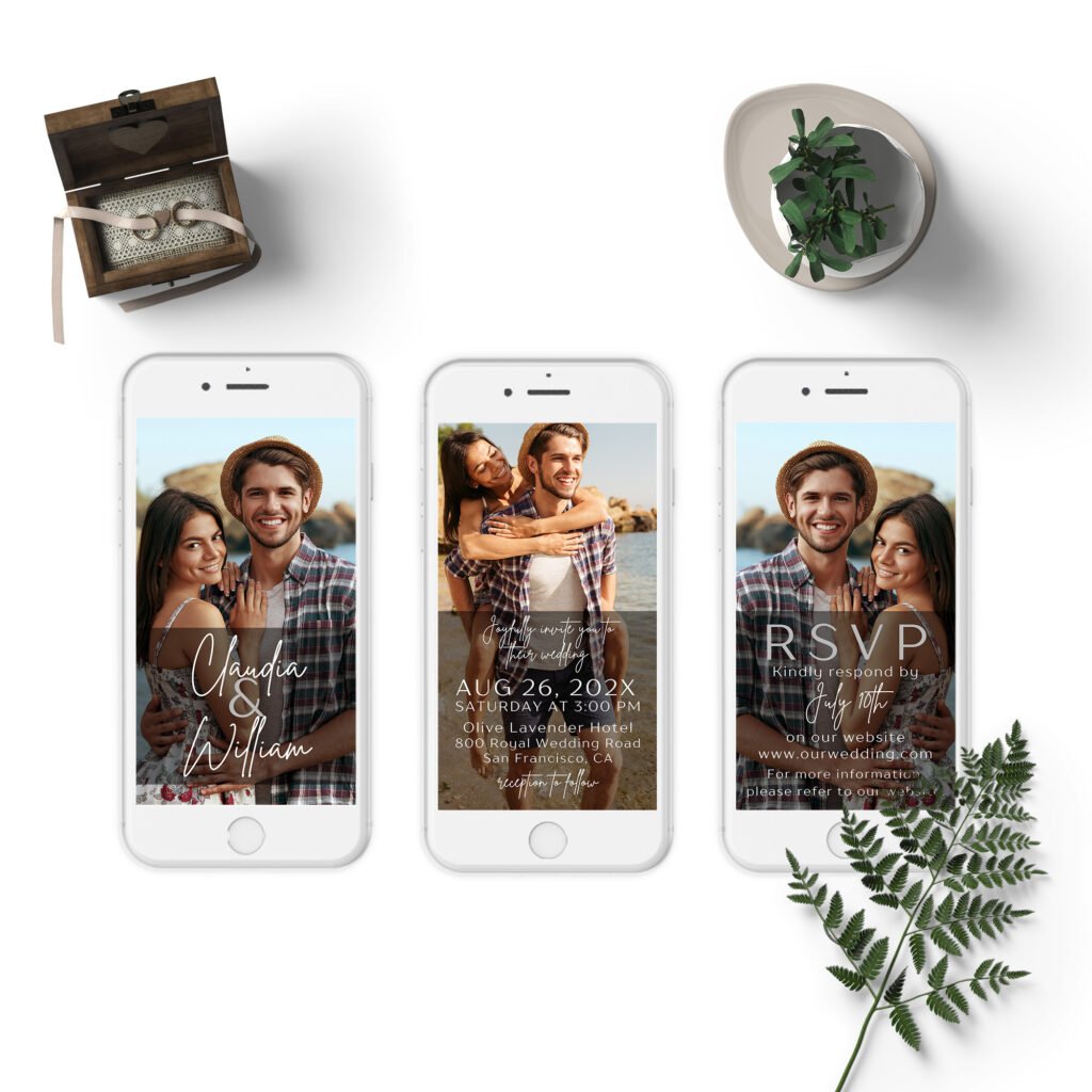 Picture showing all the three slides of a photo background digital wedding invitation